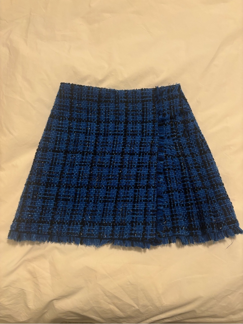 Alice + Olivia Blue Plaid Tweed Mini Skirt with Fringe